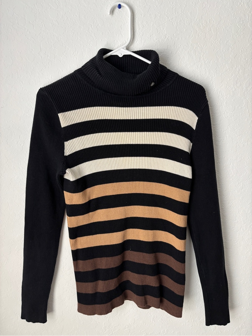 Ralph Lauren Vintage Black and Brown Horizontal Striped Turtleneck Sweater